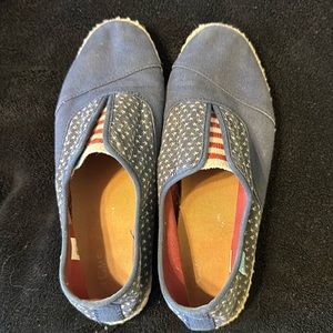 Toms slip on shoes - blue red white stripes and stars; size 7